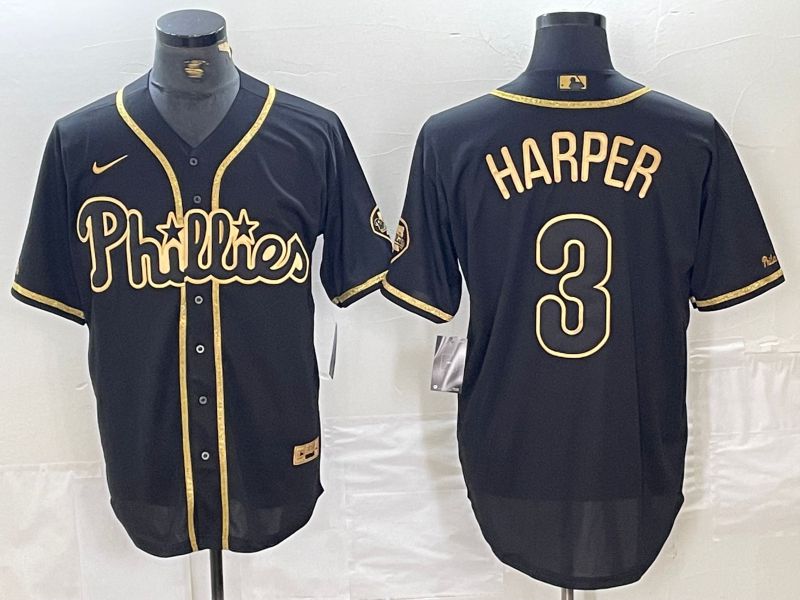 Men Philadelphia Phillies #3 Harper Black gold Fashion 2024 Nike MLB Jerseys->san diego padres->MLB Jersey